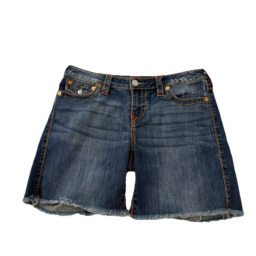 True Religion Shorts Womens 30 Blue Mid Cut Off Flap Pockets Frayed Raw Hem 7”